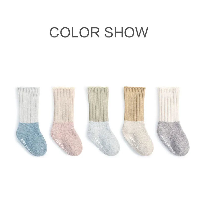 5 Pairs Winter Unisex Kids Baby Socks Infant Patchwork Non-slip Tube Socks Cotton Thick Warm Fleece Newborn Baby Stockings