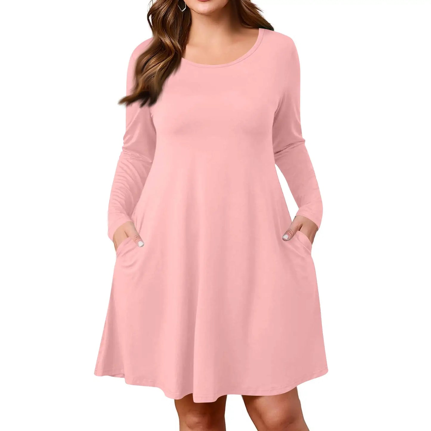 Plus Size Dress for Women Solid-Colour Casual Dress Spring/Autumn Pocket Round Neck Long-Sleeved Dresses vestidos femenino