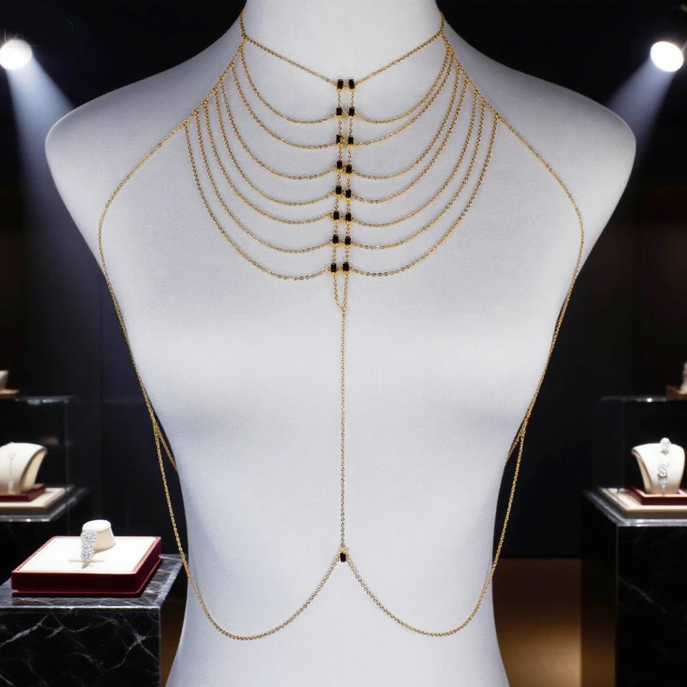 Multi-layer Body Chain Necklace Dress Women Sexy Harness with Colorful CZ Paved Hollow Bling Tassel Chain Fashion Party Jewelry