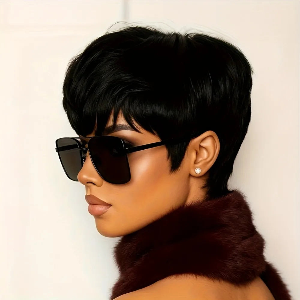 Women's Short Pixie Cut Human Hair Wig -full Machine Made 180% Density Human Hair Straight Natural Wig with Bangs