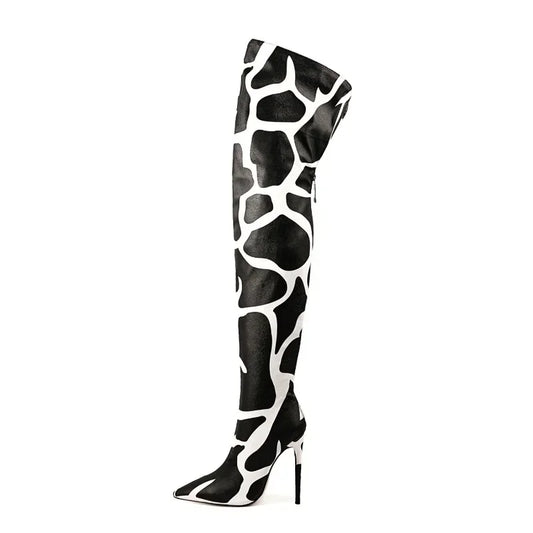2024 Women's Euro-American Zebra Print Over-the-Knee Boots - Paneled Pointed-Toe Back-Zipper Stiletto, Plus Size Fashion Chic