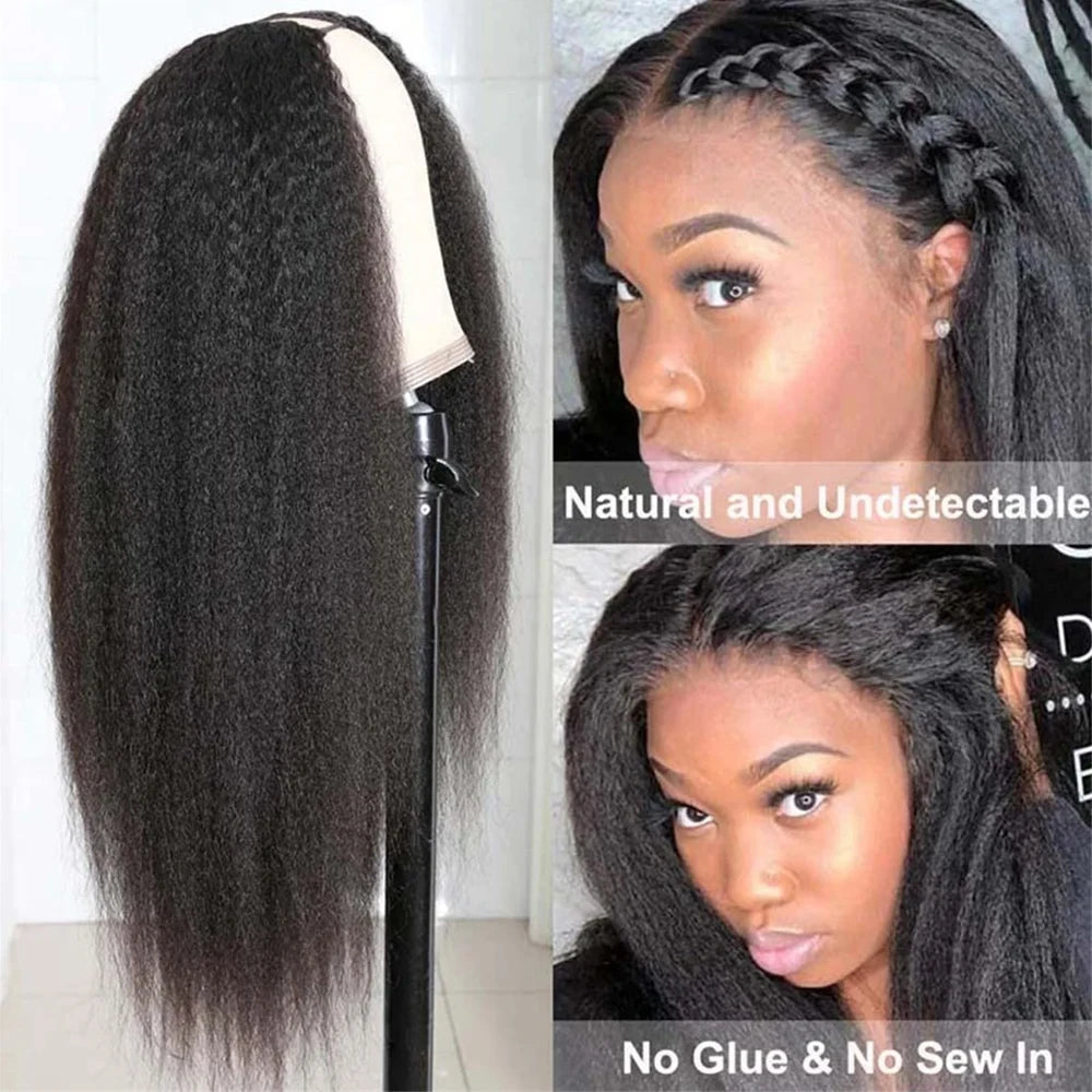 Kinky Straight V Part Wig Human Hair For Women with Drawstring 250% Density Upgrade Glueless U Part Wig No Leave Out No Sew In