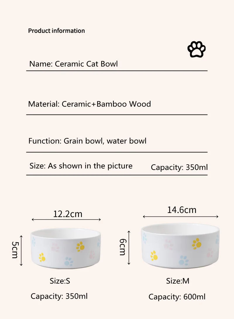 Ceramics Dog Bowl with Wood Mat Wide Mouth Feeding Bowls Food and Water Pet Feeder for Cat Puppy Protecting Cervical Spine