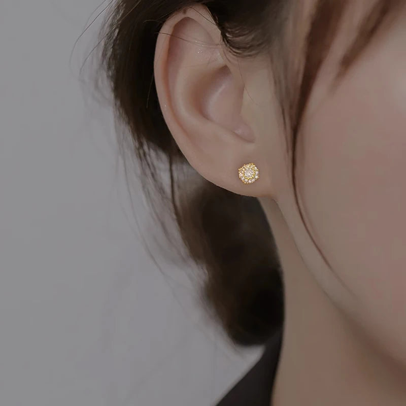 925 Sterling Silver Flash Earrings Shiny Zircon Earrings Female Gold Color Screw Ear Bone Jewelry for Women Fashion Accessories