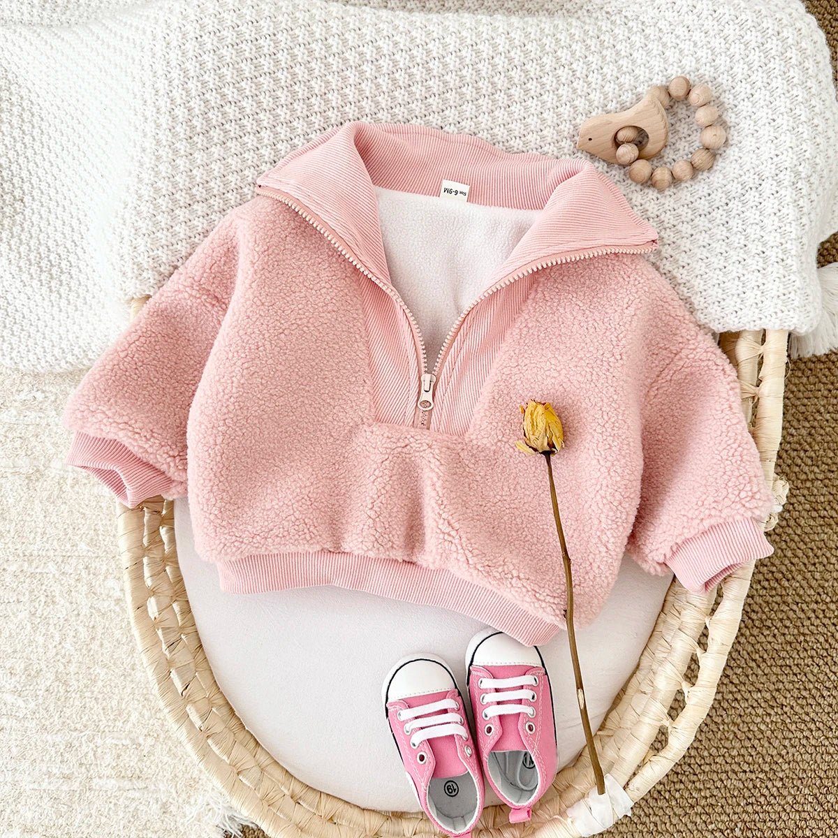 New Winter Baby Boys Girls Coats Fake Lamb Wool Solid Colour Zippered Jacket Top Kids Coat Jackets Children Clothes Overcoats