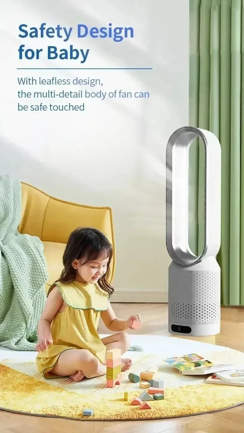 Smart Bladeless Fan 8 Gear Wind Speed Intelligent Timing 90° Shaking Head Remote Control Quiet Desktop Fan for Office Bedroom