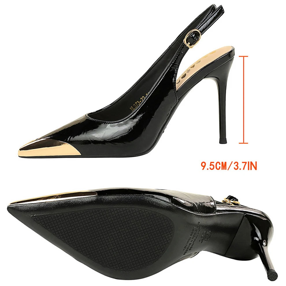 New Women 9.5 cm Heels Metal pointed tip Women Pumps Hollow out hook strap High heeled Sandals Women Summer Shoes Plus Size 43