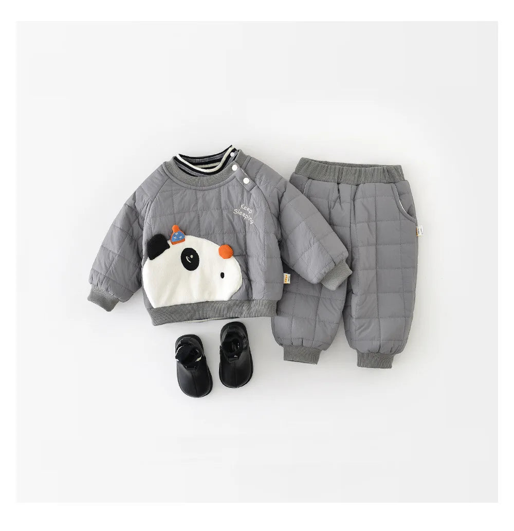 LILIGIRL Winter Baby Clothes Set 6M-3T Thicken Toddler Boys Cartoon Panda Suit Simple Loose Infant Fleece Padded Outfit 2PCS