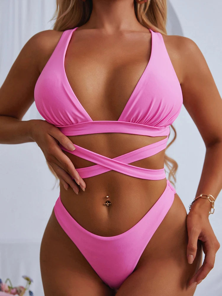 Sexy Bikini 2025 Solid Swimsuit Female Swimwear Women Push Up Bikini Set Cross Bandage Bathing Suit Beach Wear Swimming Suit