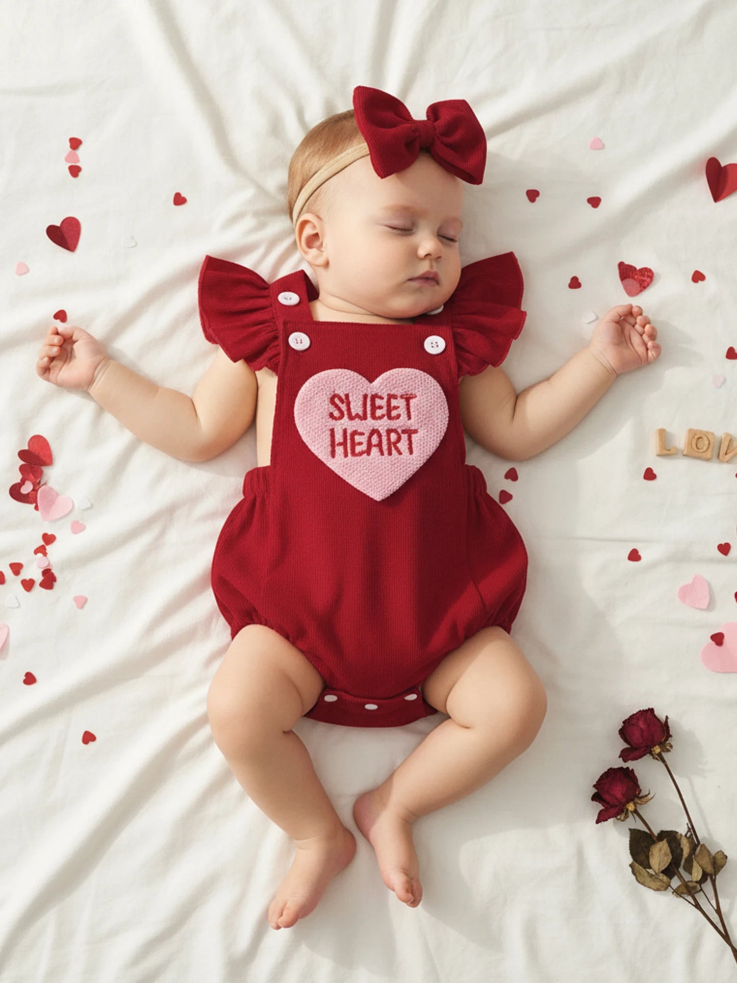 Baby Girl Valentines Outfit Letter Love Heart Embroidered Ruffled Trim Flying Sleeve Romper and Bow Headband 2 Pcs Set