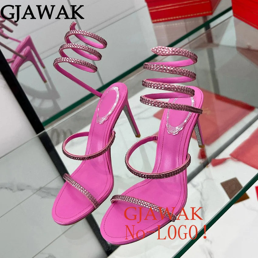 Summer Crystal Bowknot High Heels Sandals Woman Twine Around Ankle Snake Wedding Shoes For Woman Runway Gladiator Sandals Women