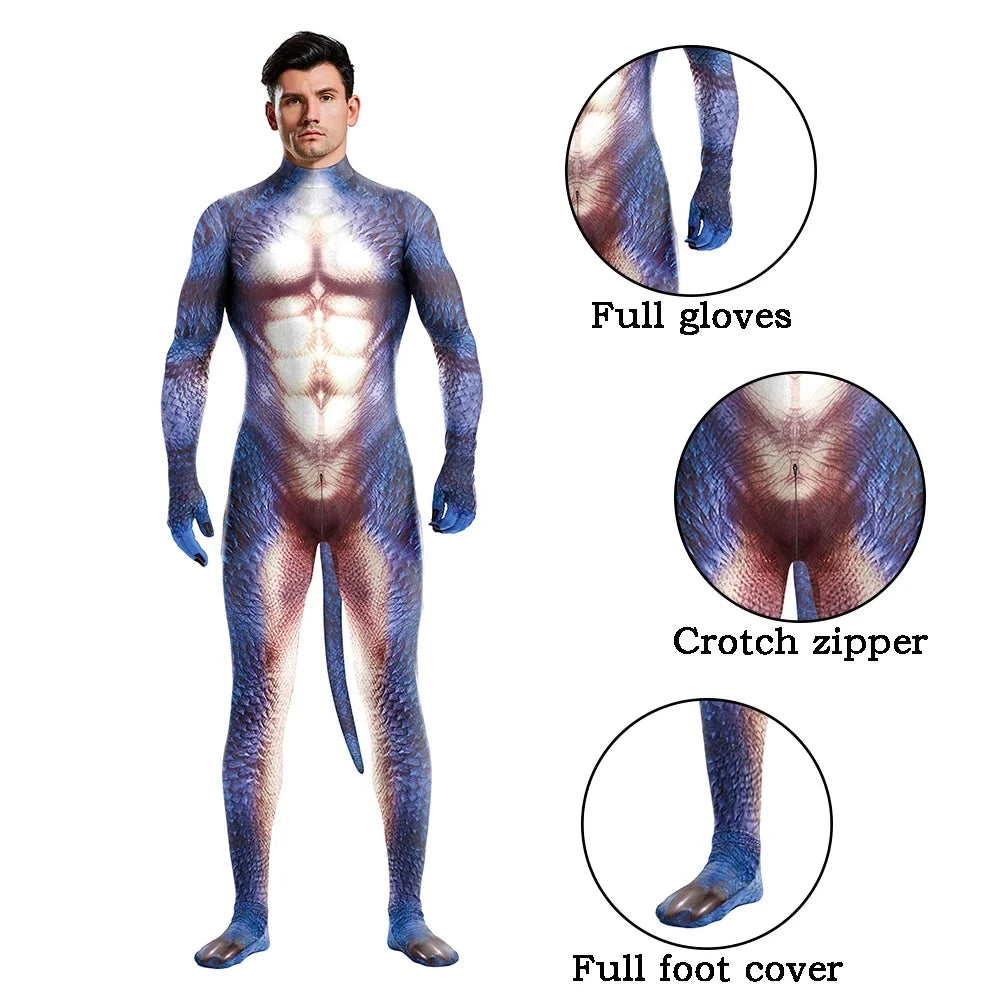 Halloween Cosplay Costume Male Adult Full Cover Elastic Zentai Pet Suit Jumpsuit Print Catsuit Bodysuits with Tail Purim Clothes