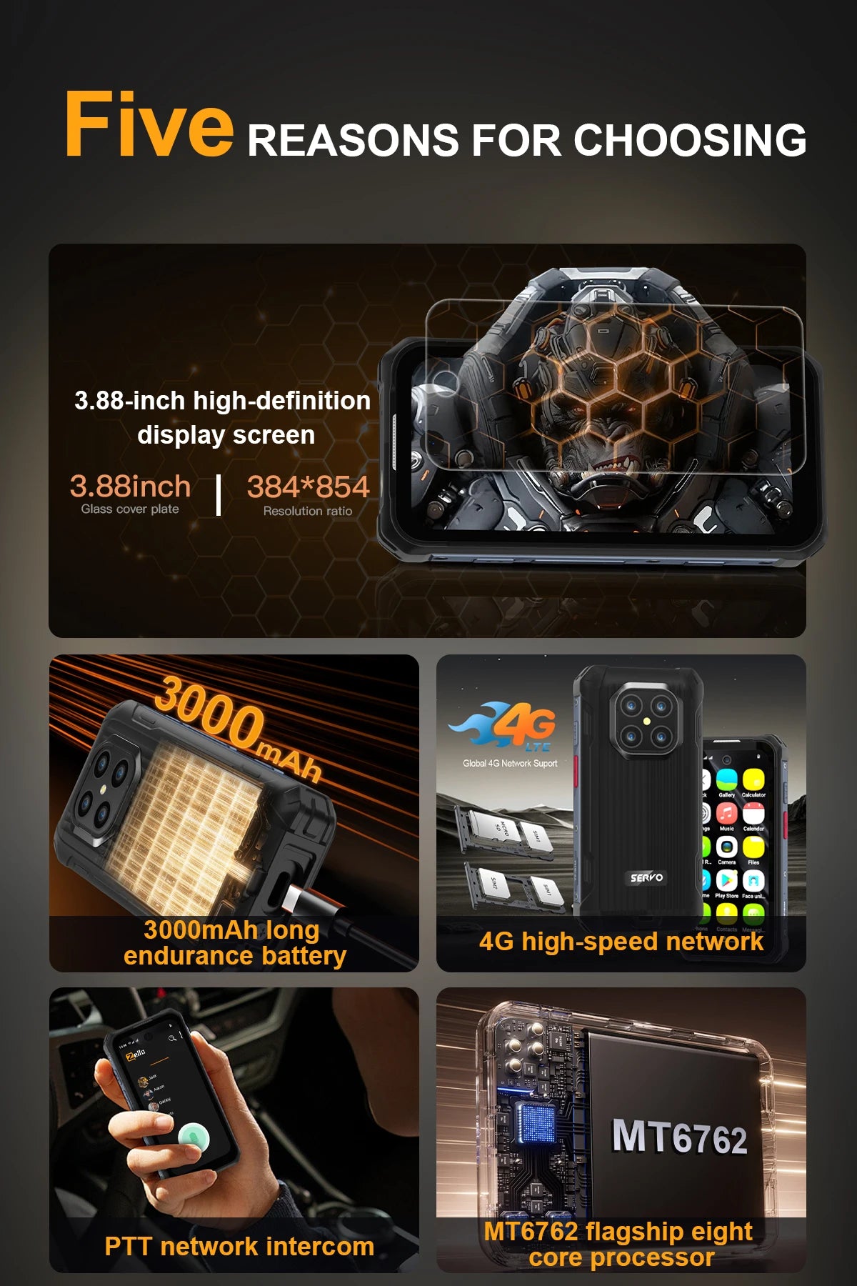 SERVO TANK500 4G PTT Smartphone Android 12 6+128GB Dual Camera 5MP+13MP 3.88"Display IP68 Waterproof Rugged Mobile Phone 3000mAh