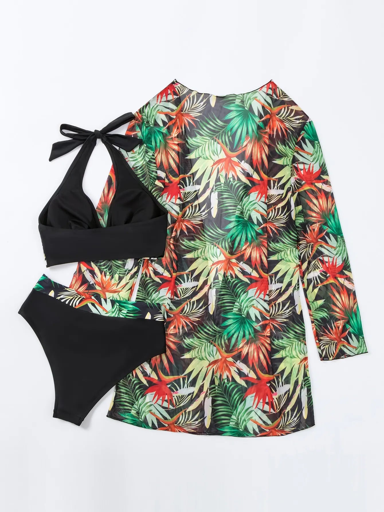 Halter Print Bikini Sets 3PCS Women Swimsuit With Kimono High Waist Swimwear Female Bathers Bathing Swimming Swim Suit Beachwear