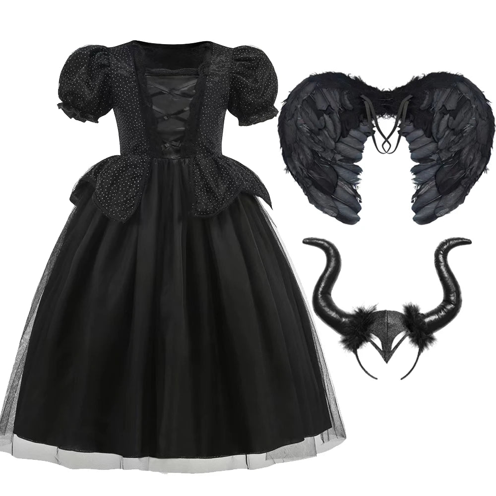 Halloween Costume For Kids Black Witch Dress Fancy Role Playing Costume Carnival Party Stage Performance Girls Gown Outfit
