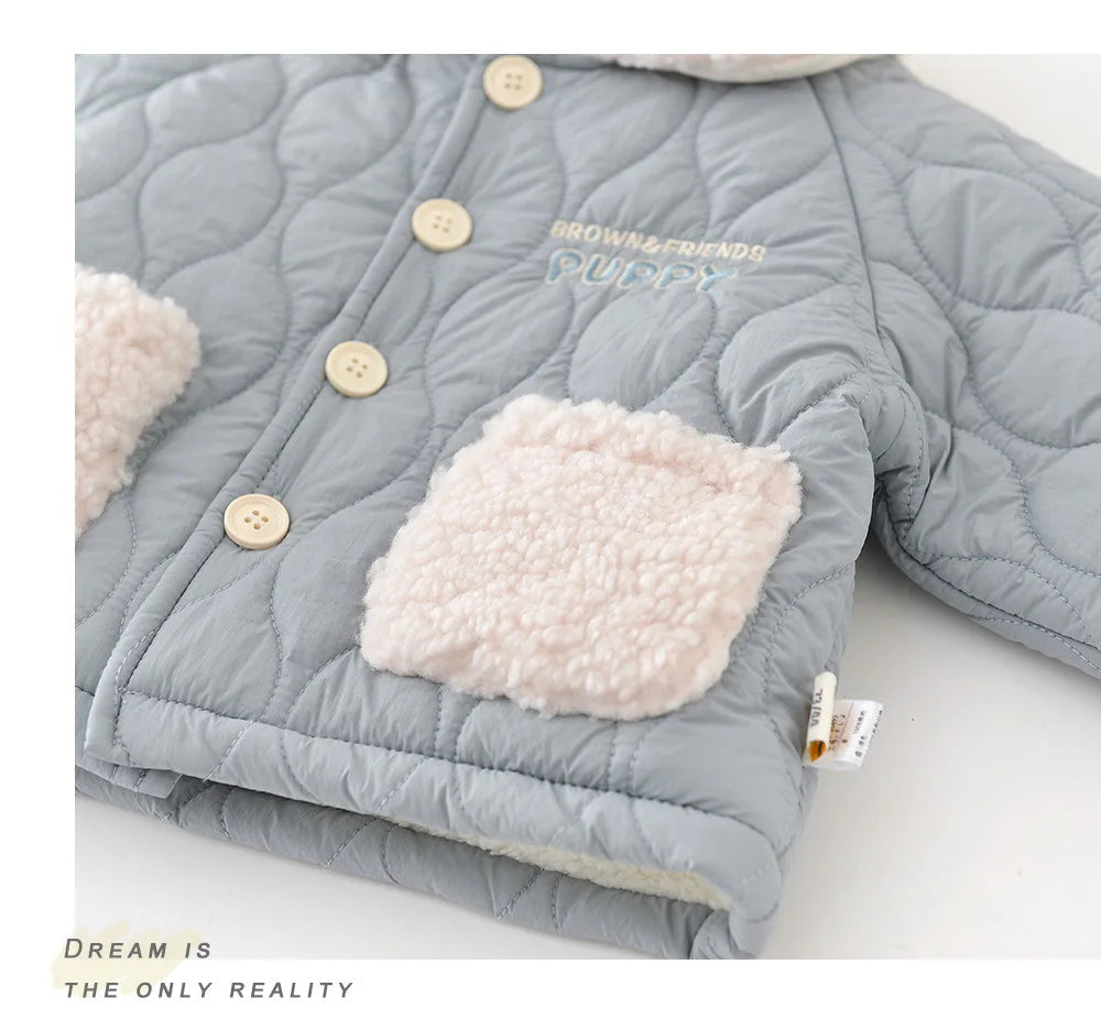 2025 Winter New Baby Warm Clothes Set Boys Girls Cute Lapel Padded Jacket + Pants 2pcs Suit Plus Velvet Thick Infant Outfits