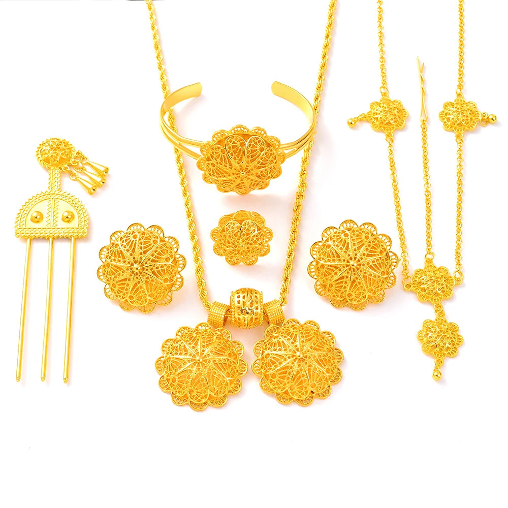 Luxury Golden Plated Bridal Jewelry Sets for Women Ethiopian Pendant Hairpin Necklace Earrings Bangle Ring Wedding Gift