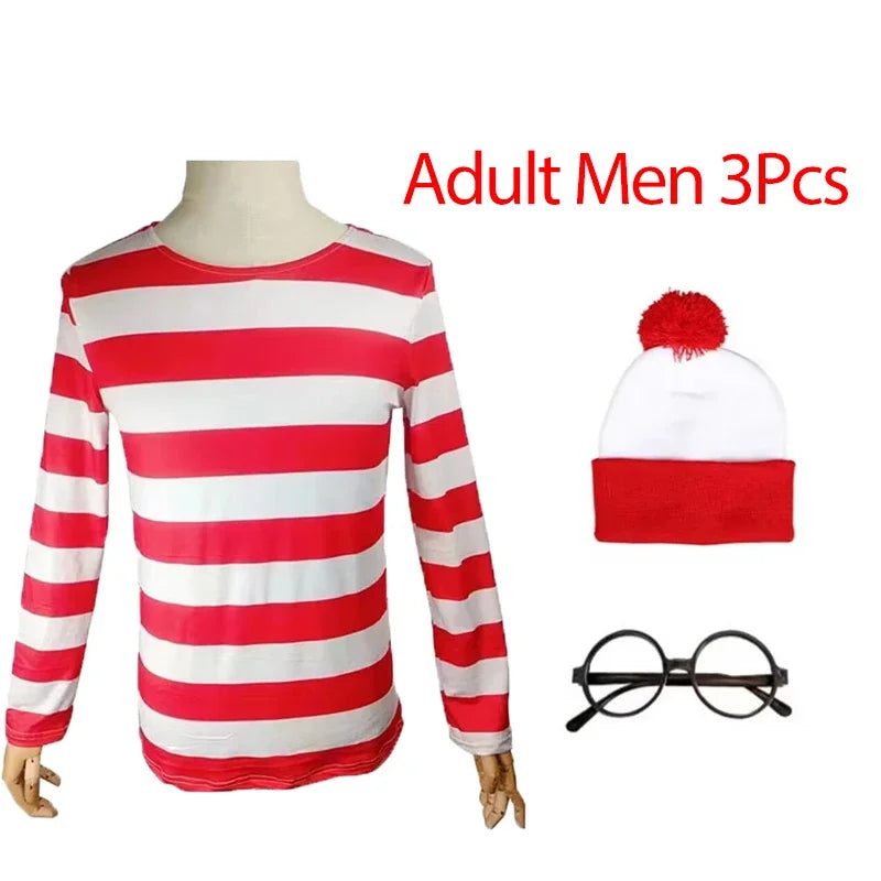 Wheres Waldo Cosplay Costume Red Striped Shirt Role Play Clothes Hat Glasses Socks Halloween Christmas Family Dress Up Outfits
