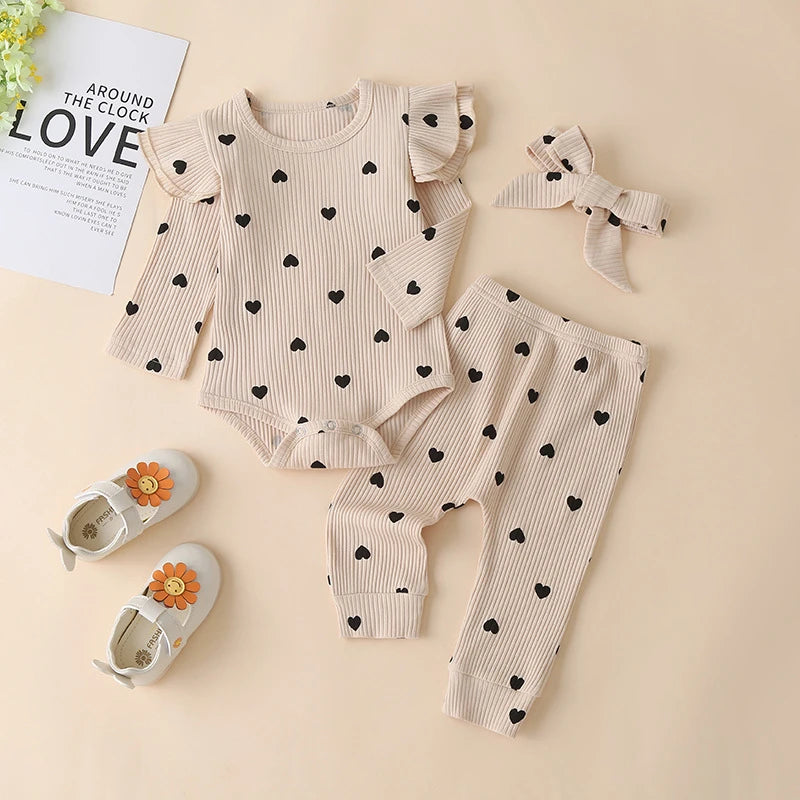 3Pcs Baby Girl Outfit Set Newborn Toddler Kids Clothing Set Baby Girls Lace Ruffles Cotton Bodysuit +Pants+Headband Clothing