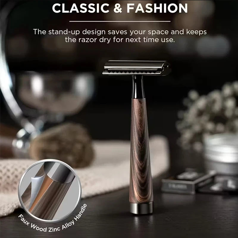 Advanced Double Edge Safety Razor Faux Wooden Handle Heavy Duty High Quality Men's Shaving Tools Including Gift Box With 5 Blade
