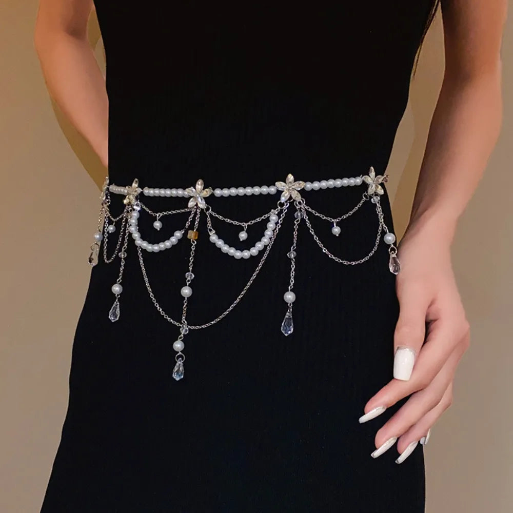 Fashion Elegant Pearl Waist Chains Versatile Waist Accessory Floral Belly Chain Boho Body Jewelry Women