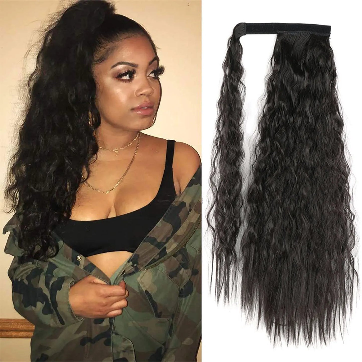 Synthetic Long Corn Wave Ponytail Extension Magic Paste Heat Resistant Wavy Wrap Around Ponytail Black Hairpiece for Women