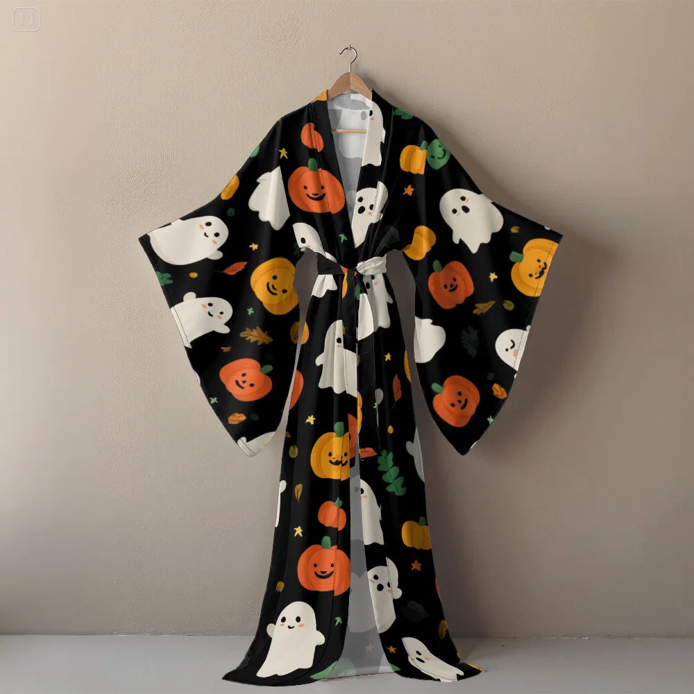 Halloween Sexy V-Neck Robe with Ghost Print High Slit & Bat Sleeves Kimono - Women's Party Costume Funny Cool Cosplay Wear