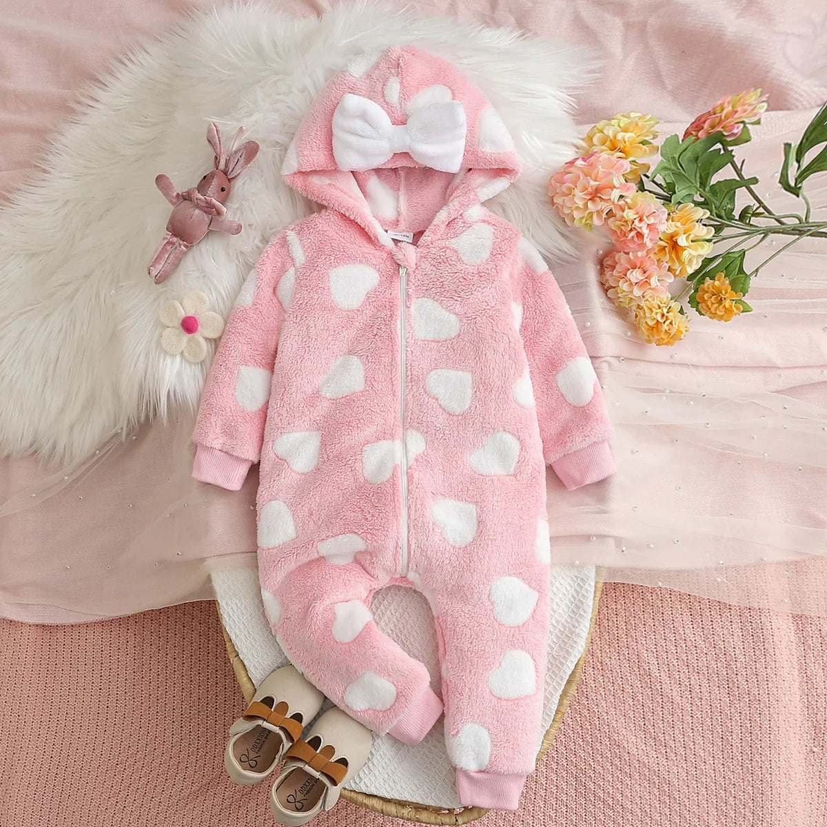 Girls Winter Casual Zipper Hooded Plush Onesie Baby Romper Suit Comfortable Soft Fabric Baby Clothes for Infants