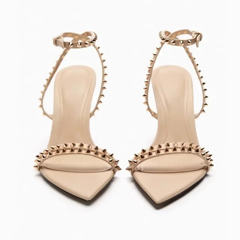 Luxury Designer Rivet Embellished Thin Heeled Sandals Women Summer Sexy Pointed Toe Ankle Strap High Heels Elegant Party Shoes