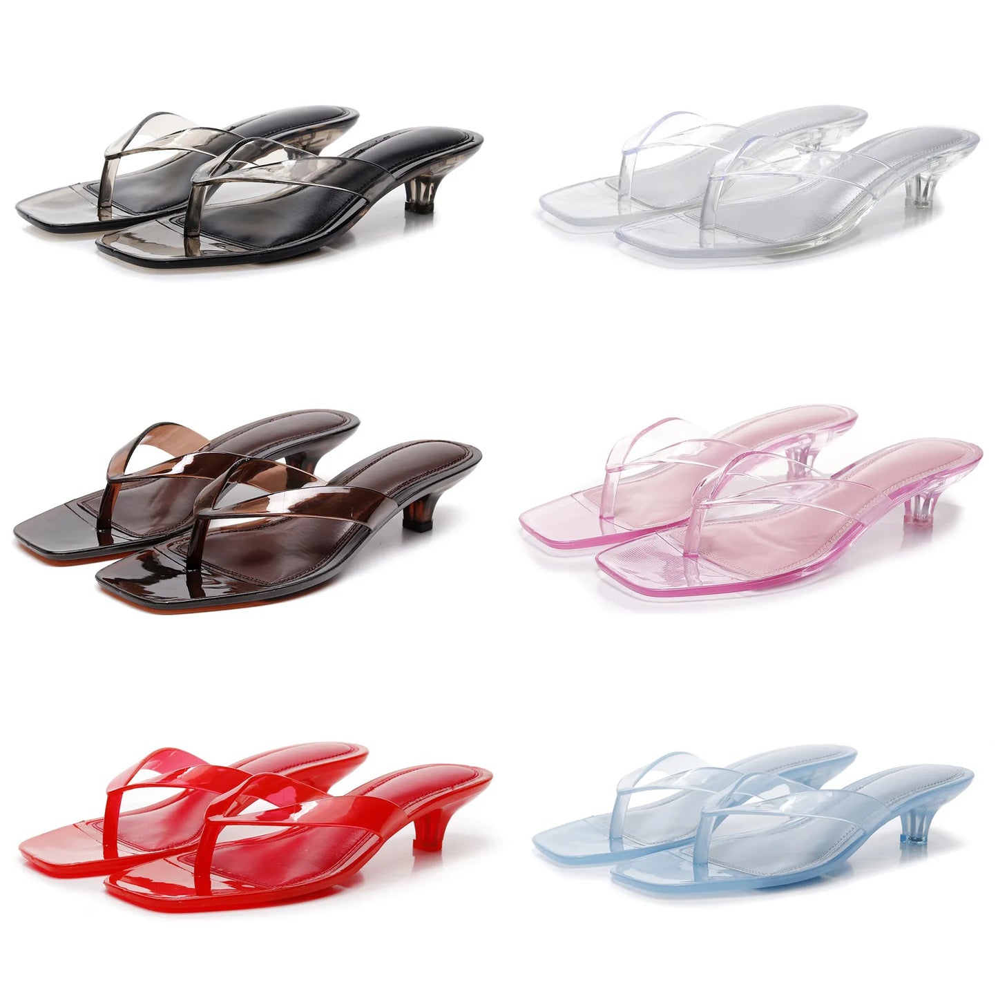 Vacation Elegant Kitten Heel Thong Sandals, Square Toe Clear Brown Jelly Flip Flops, Women Summer Comfortable Beach Party Shoes