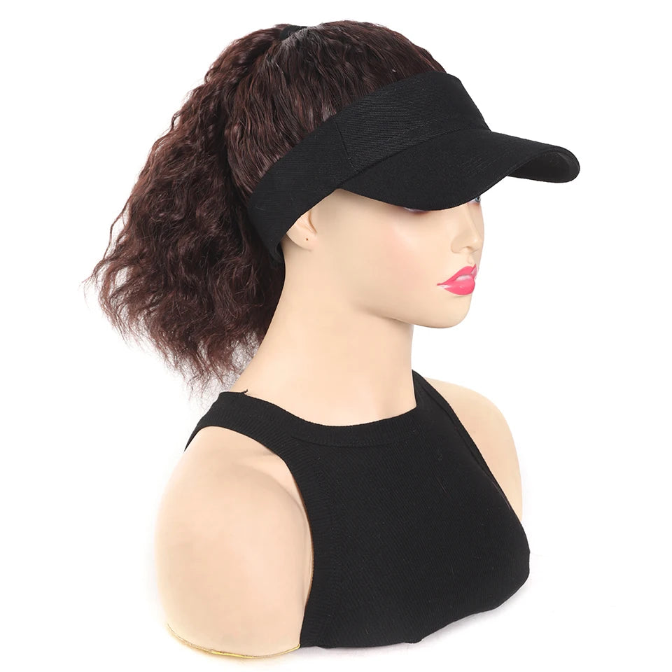 LUPU Synthetic Hair Curly Wave Ponytail Black Brown Baseball Cap Wig Adjustable Sun-Protective Sporty Style for Women Girls