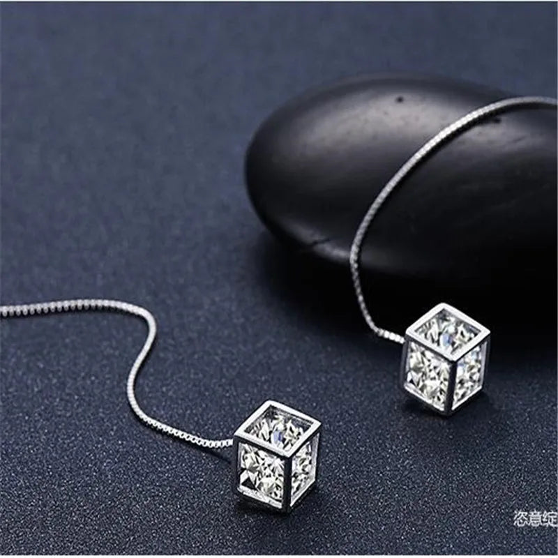 925 Sterling Silver Long Tassel Crystal Square Cube Zirconia Drop Earrings For Women Girs Sterling-silver-jewelry Pendiente