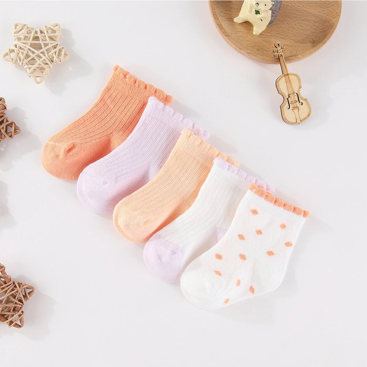 Kiddiezoom 5 Pairs Fashion Newborn Baby Boy Girl mid-calf Socks Cotton Soft Breathable Infant Accessories Four Seasons 0-12M