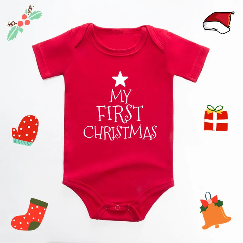 My First Christmas Baby Bodysuit Reindeer Antler Print Short Sleeve Newborn Romper Red Infant Boys Girls First Xmas Photo Outfit