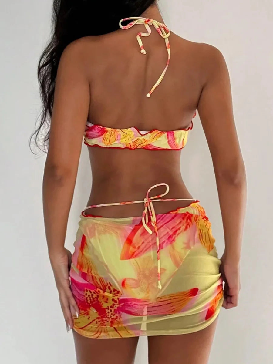 with Mesh Skirt 3D Flowers Halter Bandeau Bikini Women Swimsuit Female Swimwear Three-pieces Bikini Set Bathing Suit Beachwear