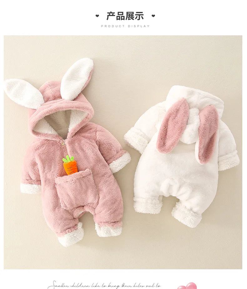 ZOETOPKID Baby Rompers Winter Warm Coral Fleece Newborn Boys Girls Clothes Cartoon Rabbit Coats Infant Jumpsuit Animal Overalls