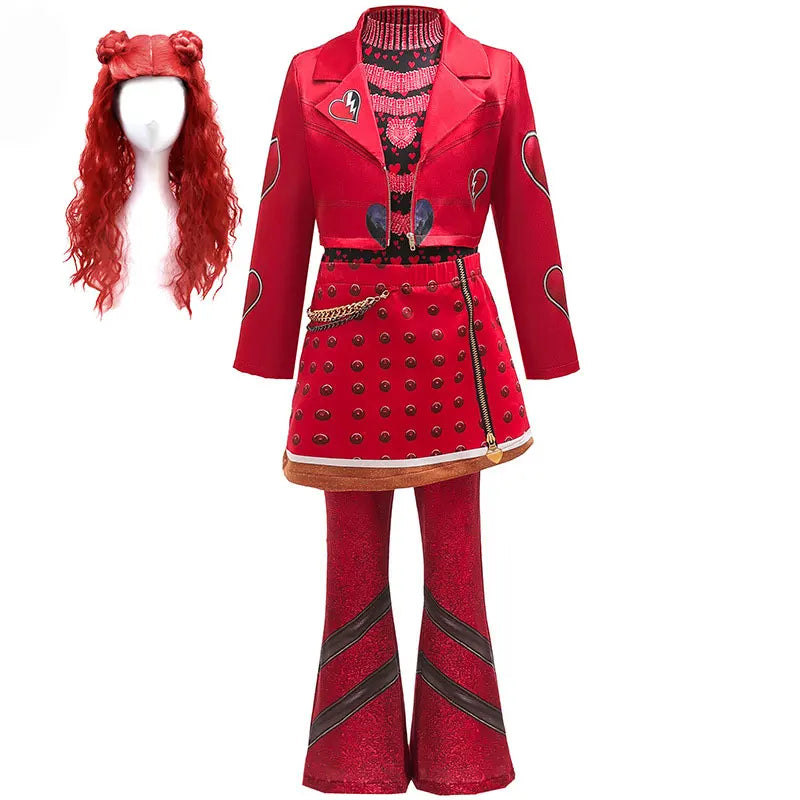 2026 New Movie Cosplay Outfit Girls Red Heart Printed 4Pcs Dress Set Jacket+Top+Skirt+Pants Halloween Costume Descendant Cosplay