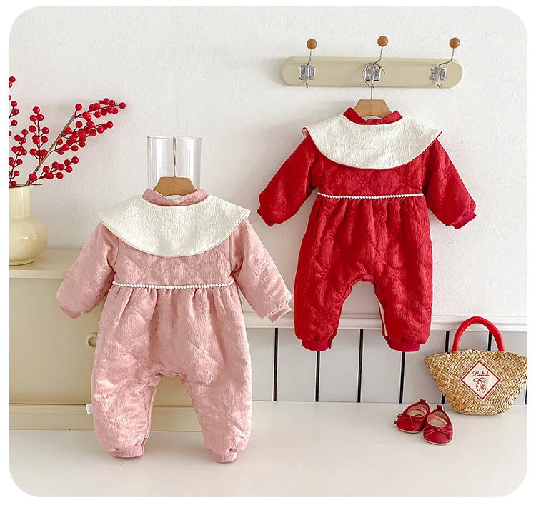 Baby Warm New Year Christmas Rompers 0-2 Year Old Korean Childrens Wear Winter Bodysuit Toddler Girls Sweetheart Outwear