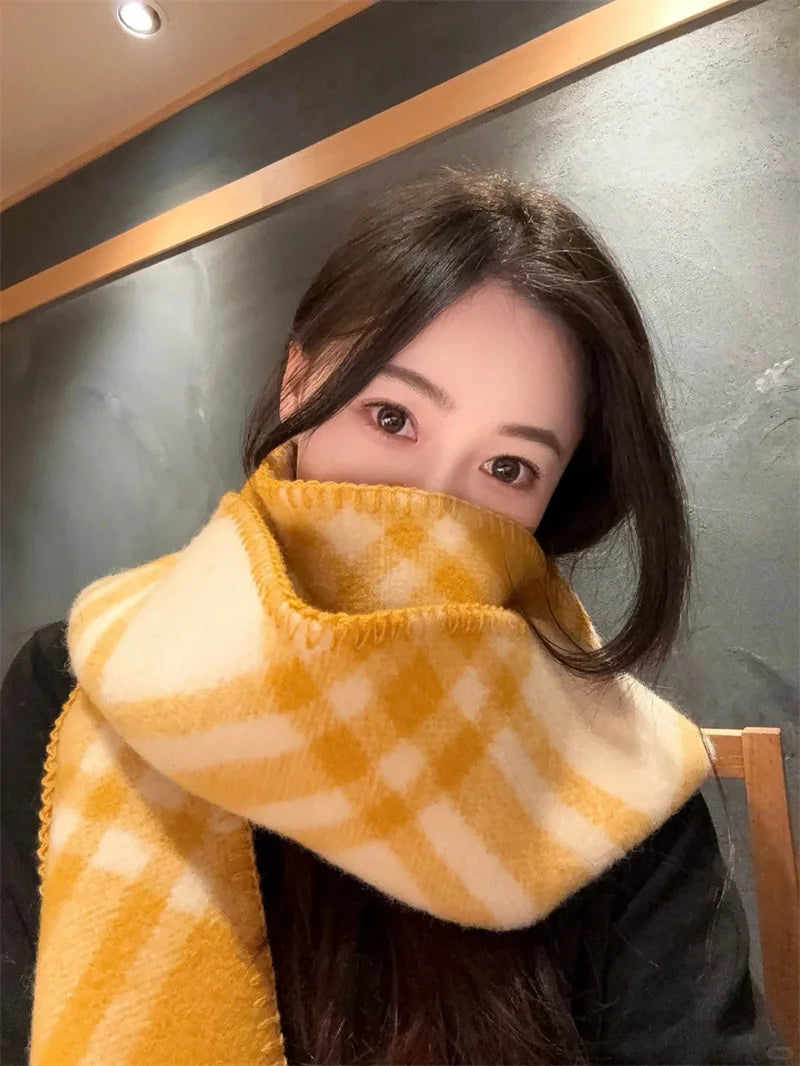 Scarf Shawl Double-Faced Plaid Wool Scarf Neck Warmer Soft Comfortable Fashion Long Scarf for Men and Women