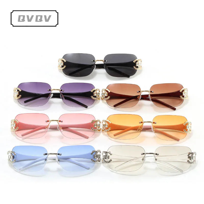Sexy Popular Ins Rimless Square Sunglasses for Women Luxury Brand Design Diamond Punk Sun Glasses Cute Pink Shades Girls Eyewear