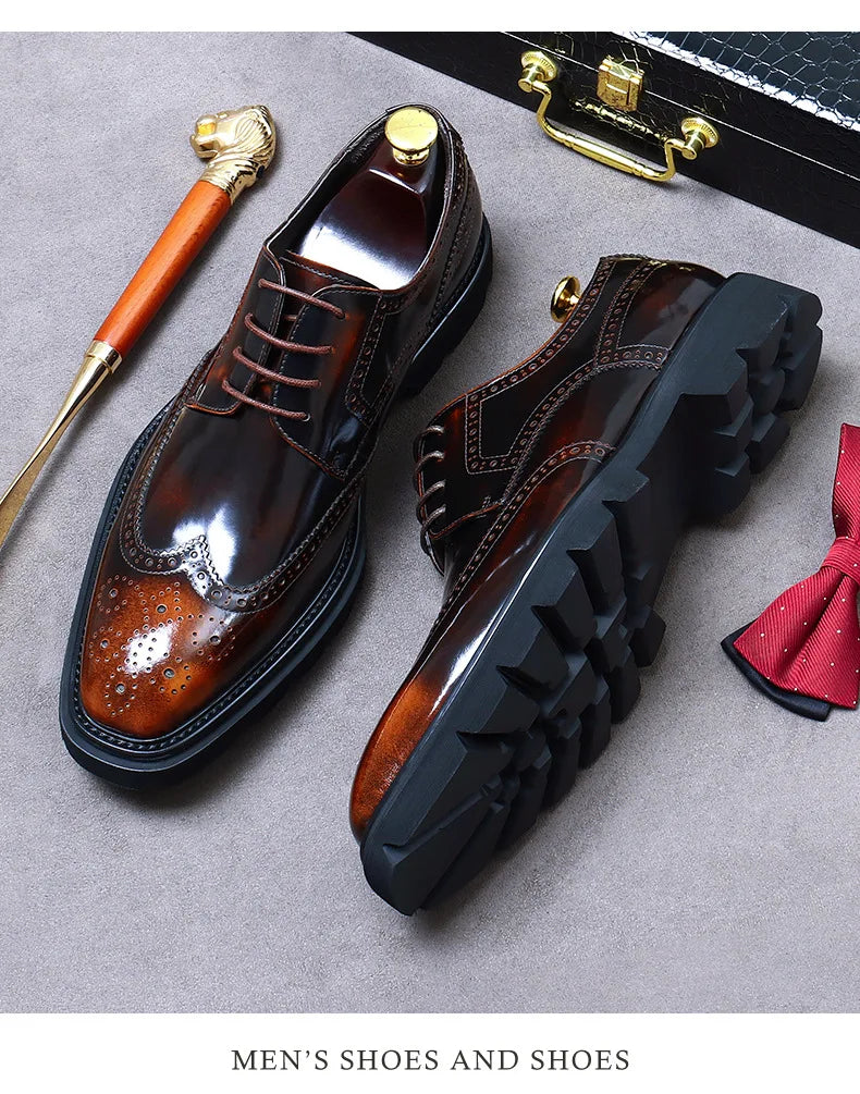 Size 38 To 46 Classic Italian Genuine Leather Men's Dress Shoes Black Lace-up Wingtip Oxfords Business Wedding Brogue Suit Shoes