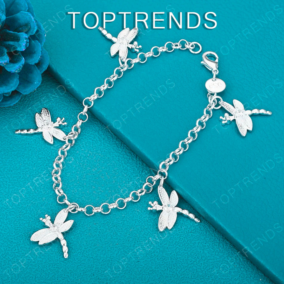 Wholesale 925 Sterling Silver Zircon Dragonfly Pendant Bracelet For Women Classic Charm Jewelry Birthday Party Gift Accessories
