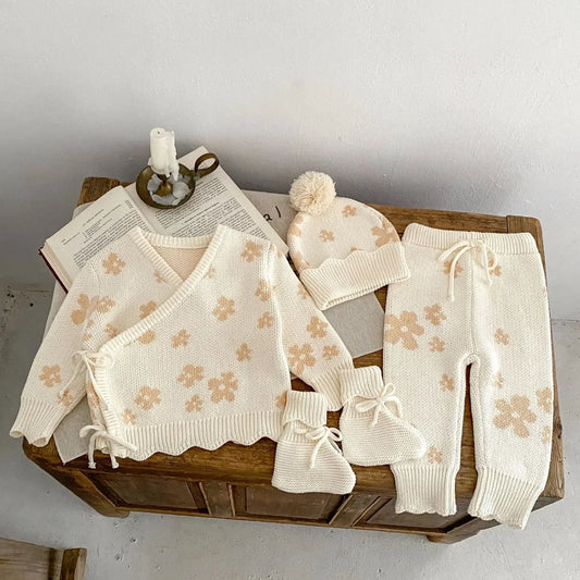 Baby Clothing 2025 Autumn Winter New Fashionable Casual Simple Sweet Floral Jacquard Coat Knitted Pants Hat Socks Kids Clothes