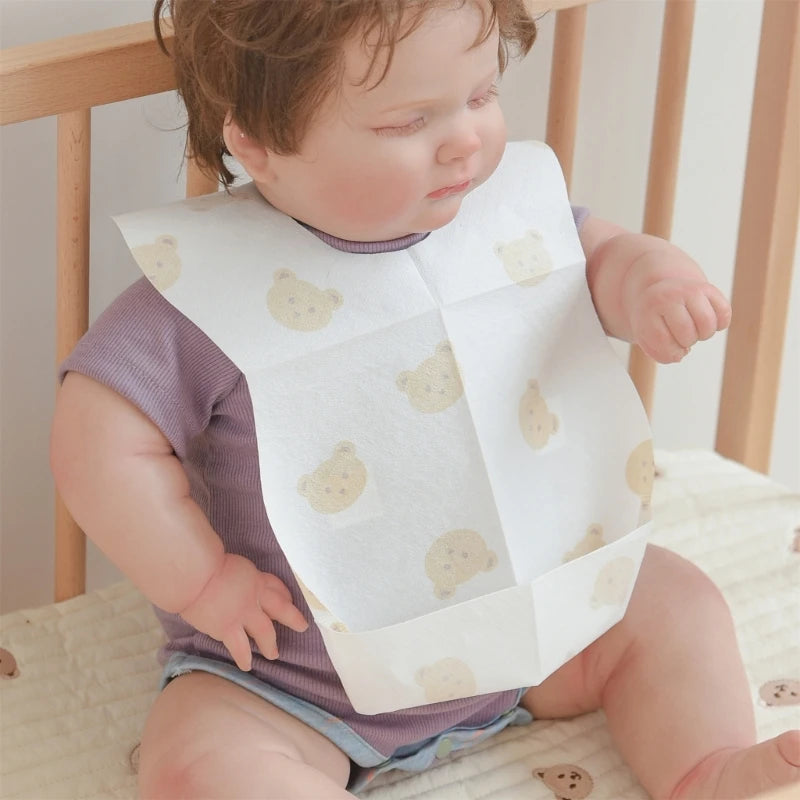 50-Pack Disposable Bibs for Babies Aged 6 Months to 2 Years Cartoon Bear Feeding Bib for Boy Girl Non-woven Drool Towel