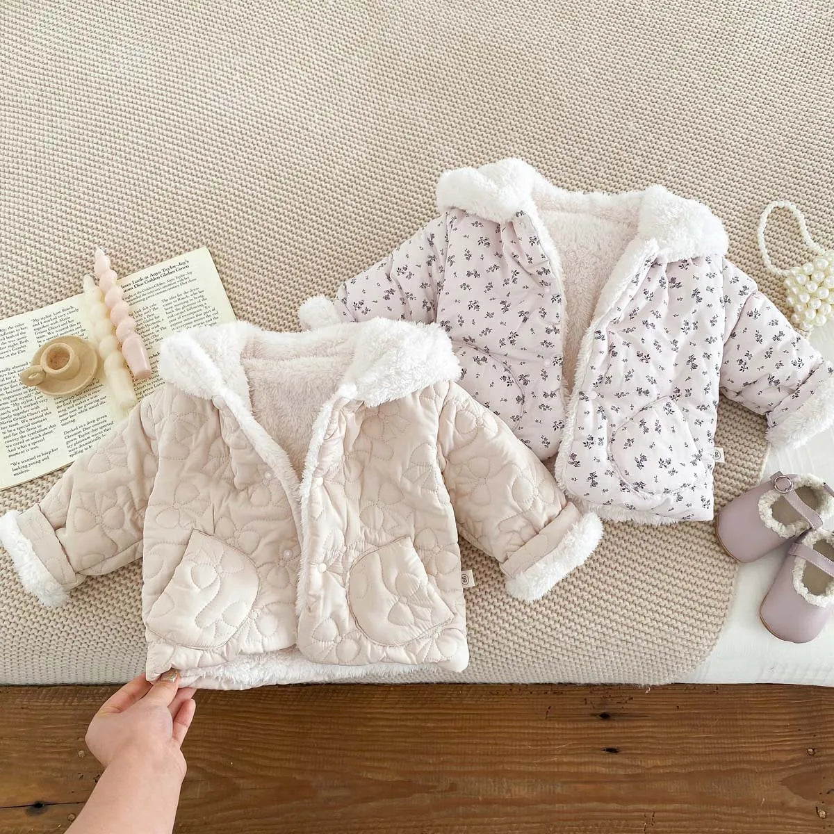 Baby fleece-lined Winter Men's and Women's Baby Clothes Bowknot Hooded Korean-style Newborn Warm Cotton-padded Jacket
