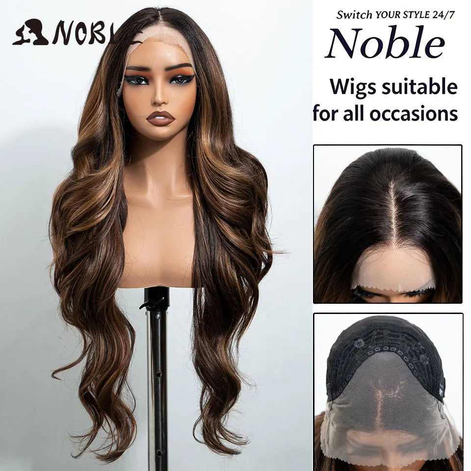 Noble 30 Inch Synthetic Lace Front Wigs For Women Curly Ash Blonde Highlight 13x4 Body Wave Silk Base Lace Wig Cosplay Daily Wig