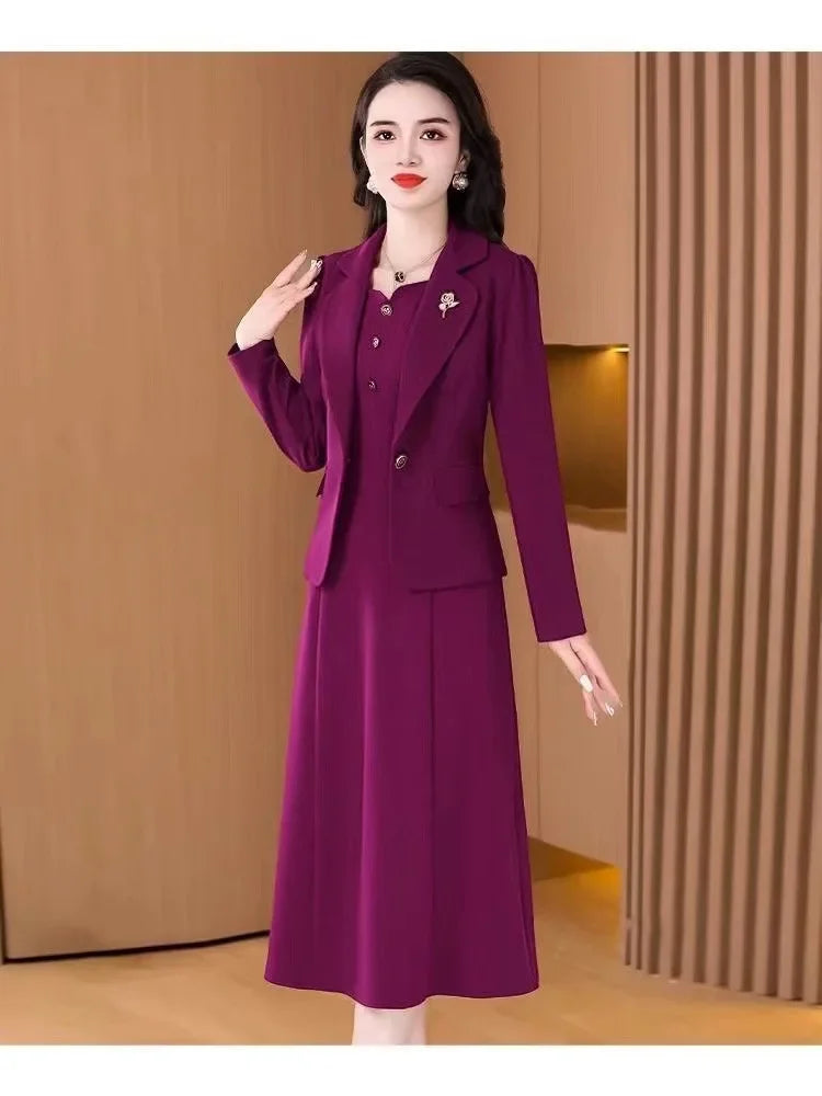 Elegant Slimming Autumn Winter Wedding Dress Set Long Ankle Length Cocktail Dresses with Suit Jacket for Wedding Banquet