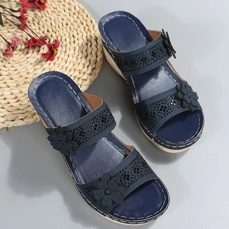 2024 Summer Women Slippers Plus Size Women's Shoes Retro Roman Sandals Women Pu Casual Flower Wedge Sandals Platform Slippers