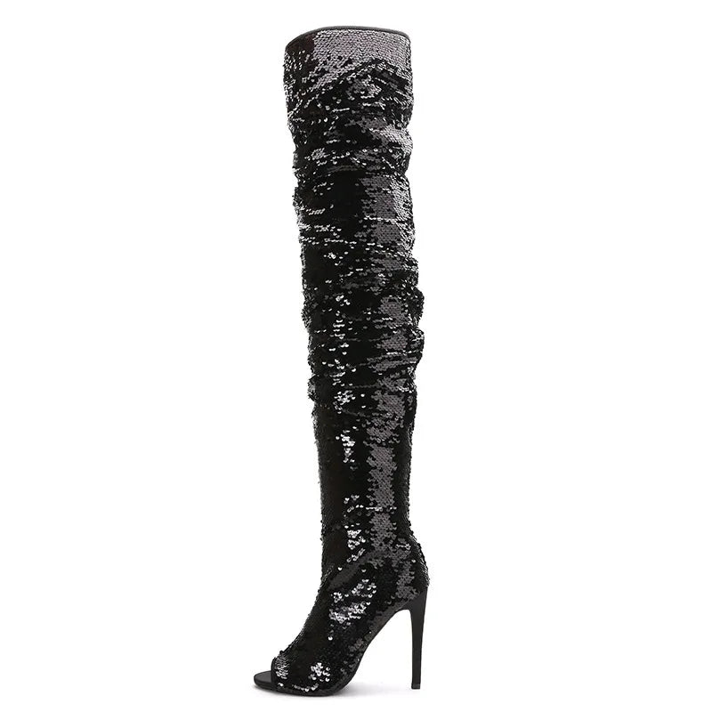 Fashion Wrinkle Women Long Boots Blue Sequined High Heels 11CM Nightclub Queen Peep Toe Shoes Shiny Over The Knee Boots Female