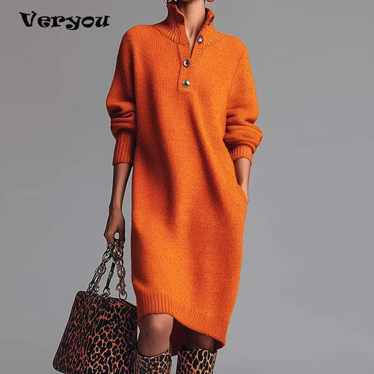 Fashion Knitted Dress Women's Autumn Winter New Straight Midi Length Sweater Dresses For Women Casual Long Sleeve Office Dress